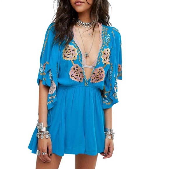 Free People Dresses & Skirts - Free people turquoise embroidered flutter dress